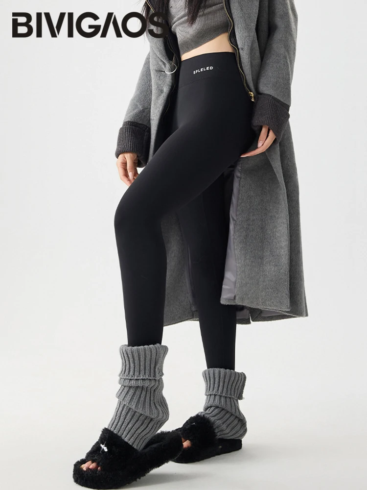 BIVIGAOS Otoño Invierno pantalones gruesos para pies mallas de piel de tiburón mallas cálidas de lana de conejo para mujer cintura alta elástica sin rastro Yoga
