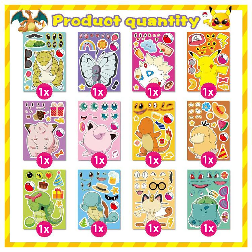6/12 hojas de rompecabezas de Pokémon para niños, pegatinas de Anime para hacer una cara, montar calcomanías divertidas de dibujos animados, rompecabezas para niños, juguete para regalo