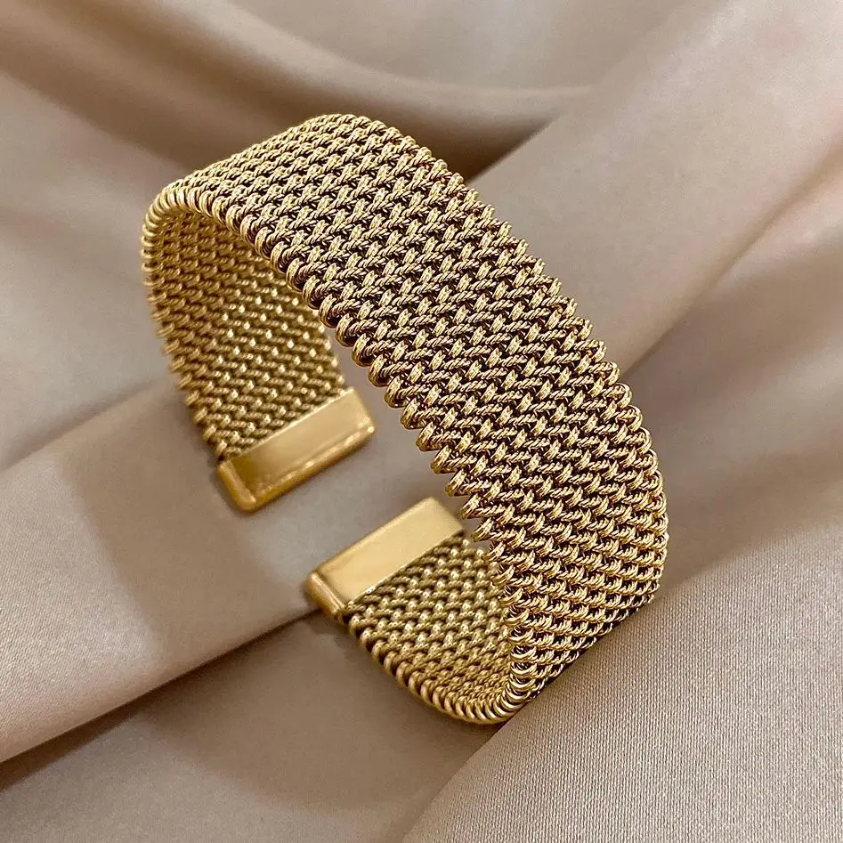 Brazaletes dorados de tejido Vintage para mujer, pulsera gruesa de acero inoxidable elegante a la moda, brazalete resistente al agua, regalos de joyería