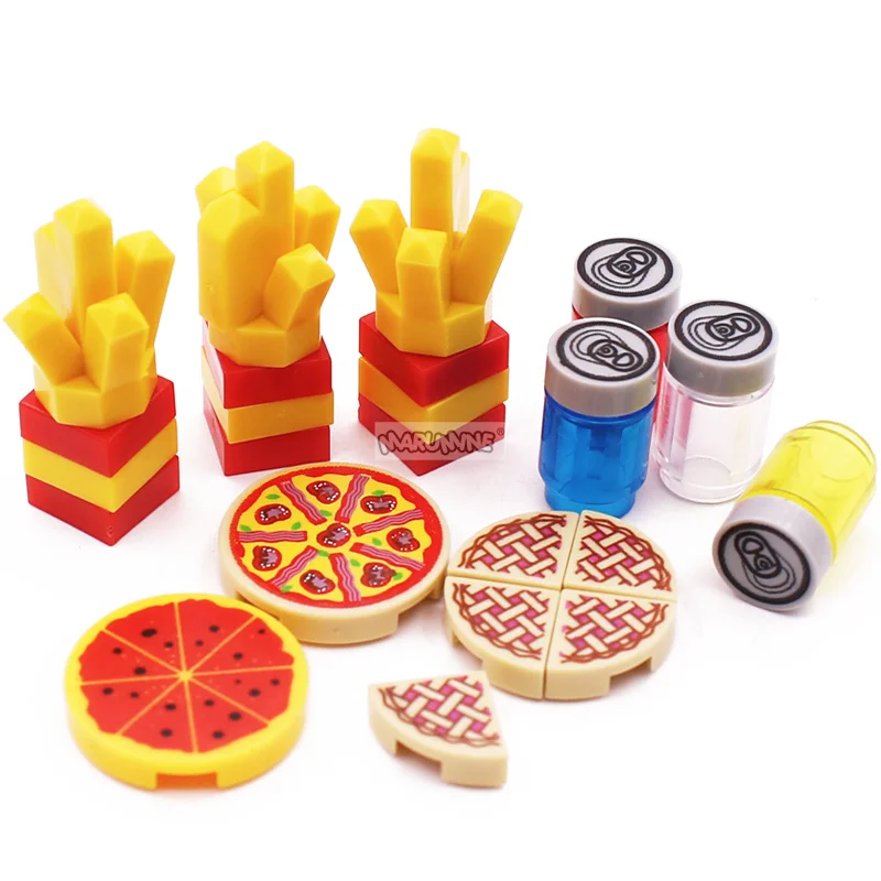 Marumine-Mini bloques de construcción de alimentos, accesorios de cocina, hamburguesa, Pizza, patatas fritas, pastel, galletas de Chocolate, ladrillos MOC, piezas de cesta de juguete