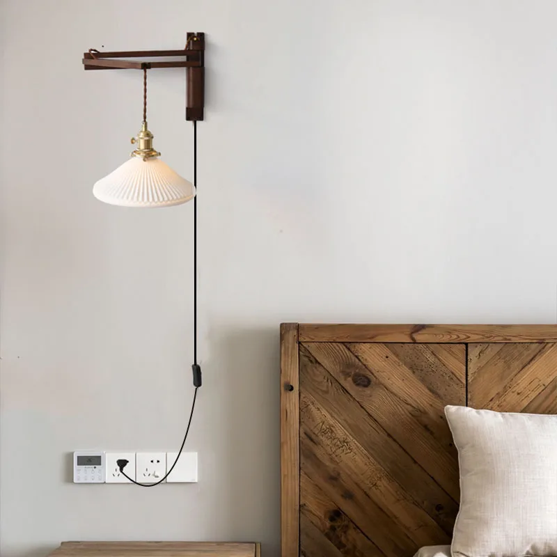Lámpara de pared plegable Retro de color nogal, lámpara de noche para dormitorio, sala de estar, estudio japonés, sala de té, lámpara de cafetería acadérea