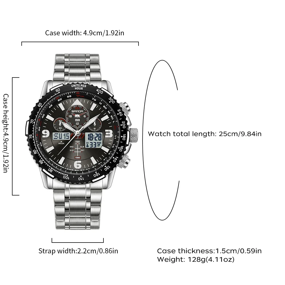 Relojes de cuarzo SANDA para hombre, nueva colección, diseño moderno, correa de acero inoxidable, fecha, cronógrafo multifuncional, resistente al agua 5 bar.