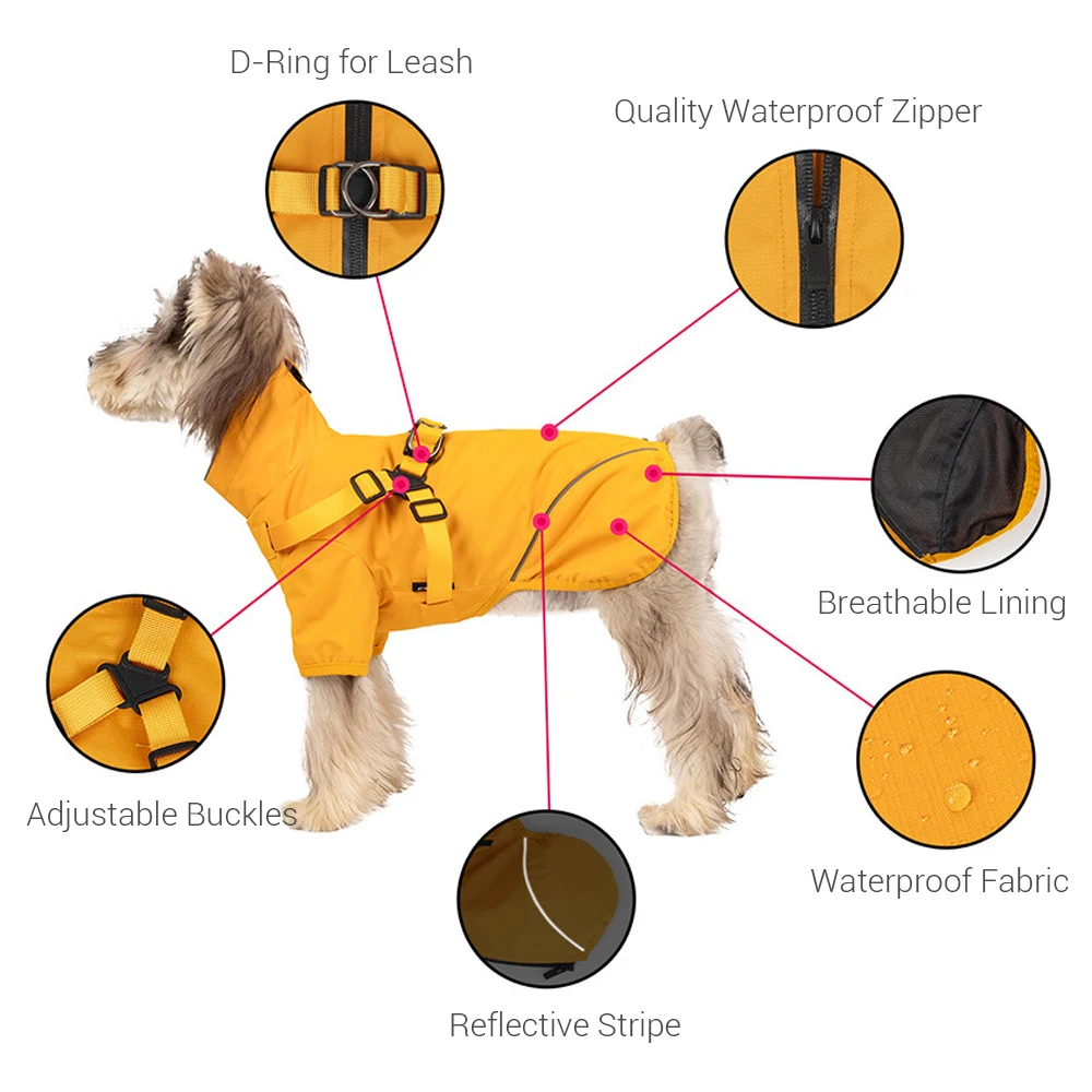 Chaqueta impermeable para la lluvia para perros con arnés, impermeable reflectante de seguridad para perros pequeños, chaquetas al aire libre para mascotas para acampar en la jungla