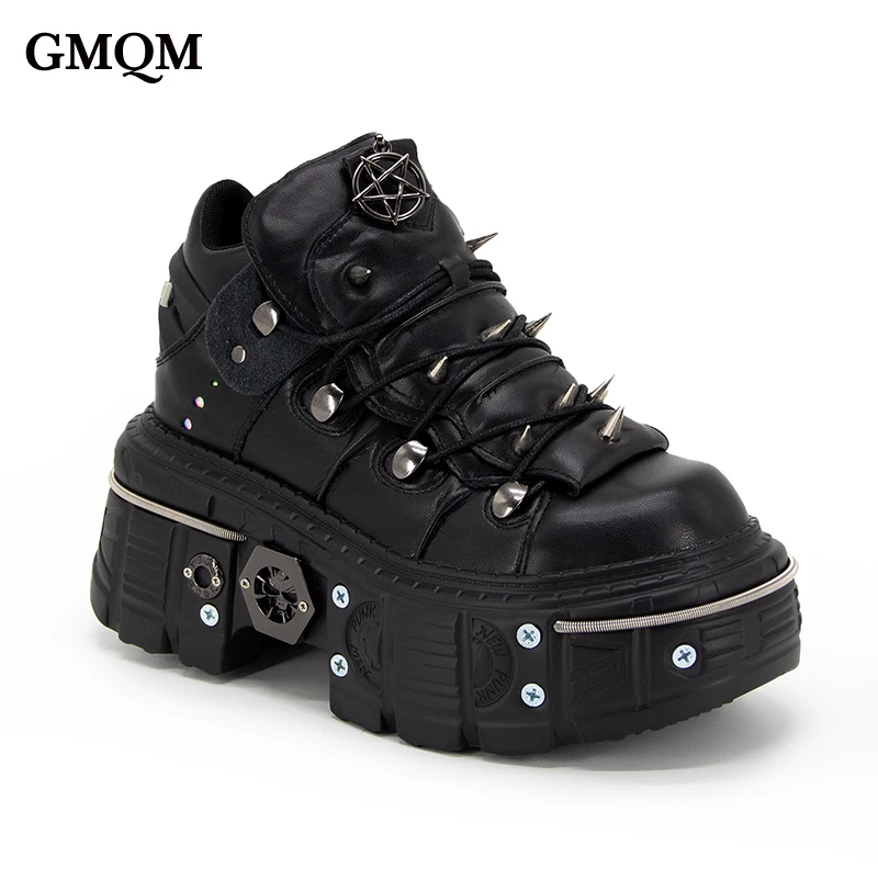 GMQM 2025, botines de plataforma plana para mujer, estilo Rock Punk, zapatillas de deporte negras de tacón alto, botines de suela gruesa con punta redonda, decoración de Metal Y2k