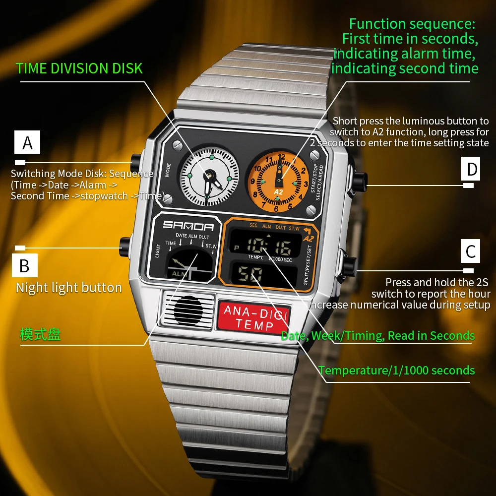 Reloj electrónico SANDA para hombre, reloj de pulsera Digital con banda cuadrada de acero, cronómetro de medición de temperatura, reloj multifuncional con sincronización