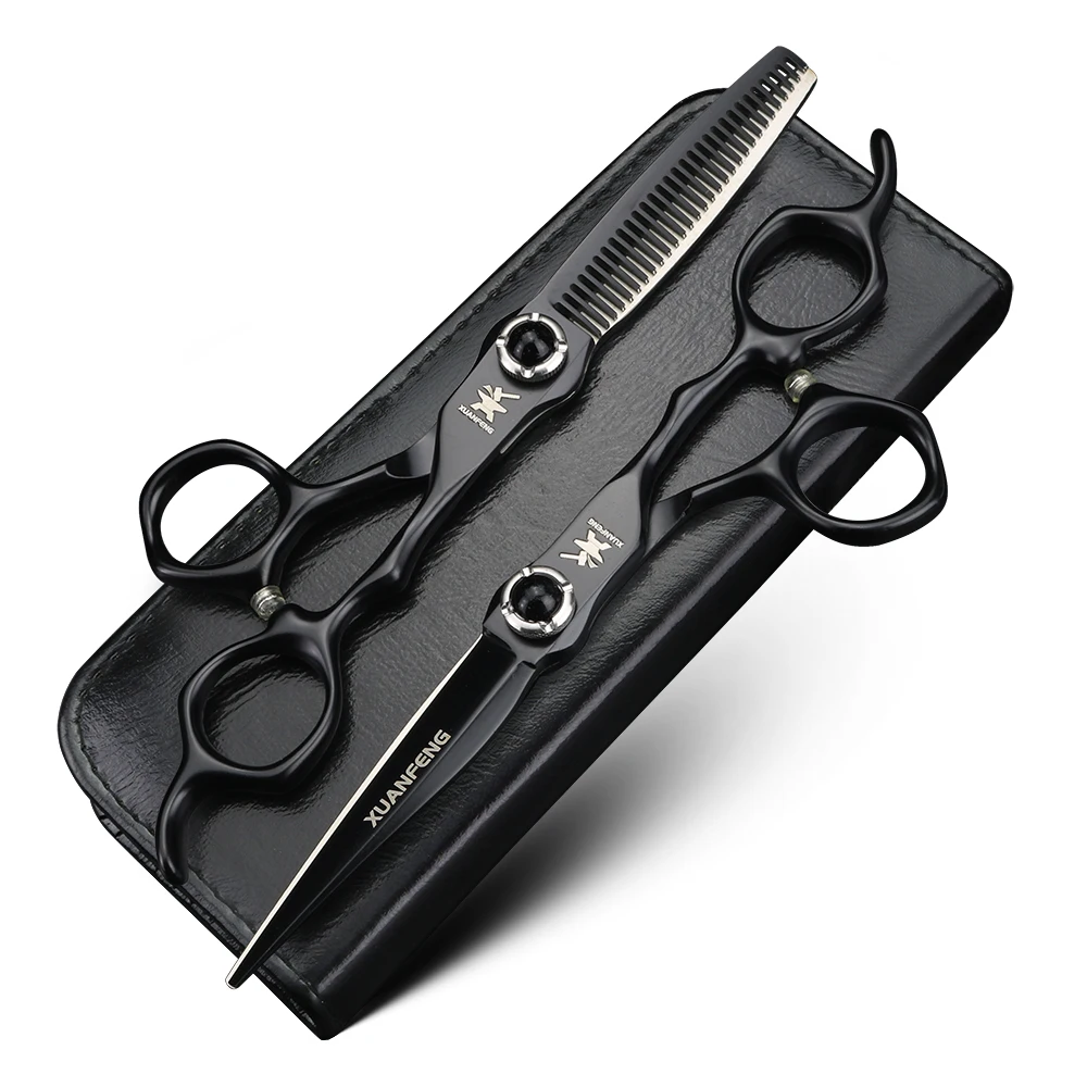 Tijeras para el cabello con tornillo de piedras preciosas negras, tijeras de corte de acero JP440C de 6 pulgadas y tijeras de adelgazamiento, herramienta profesional de corte de cabello