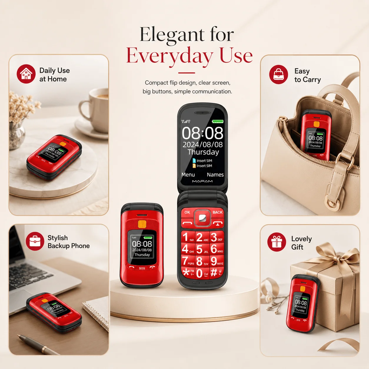 Teléfono móvil con pantalla Dual para personas mayores, dos tarjetas SIM, botón grande, marcación de velocidad, linterna, Radio FM, botón pulsador, llamada SOS