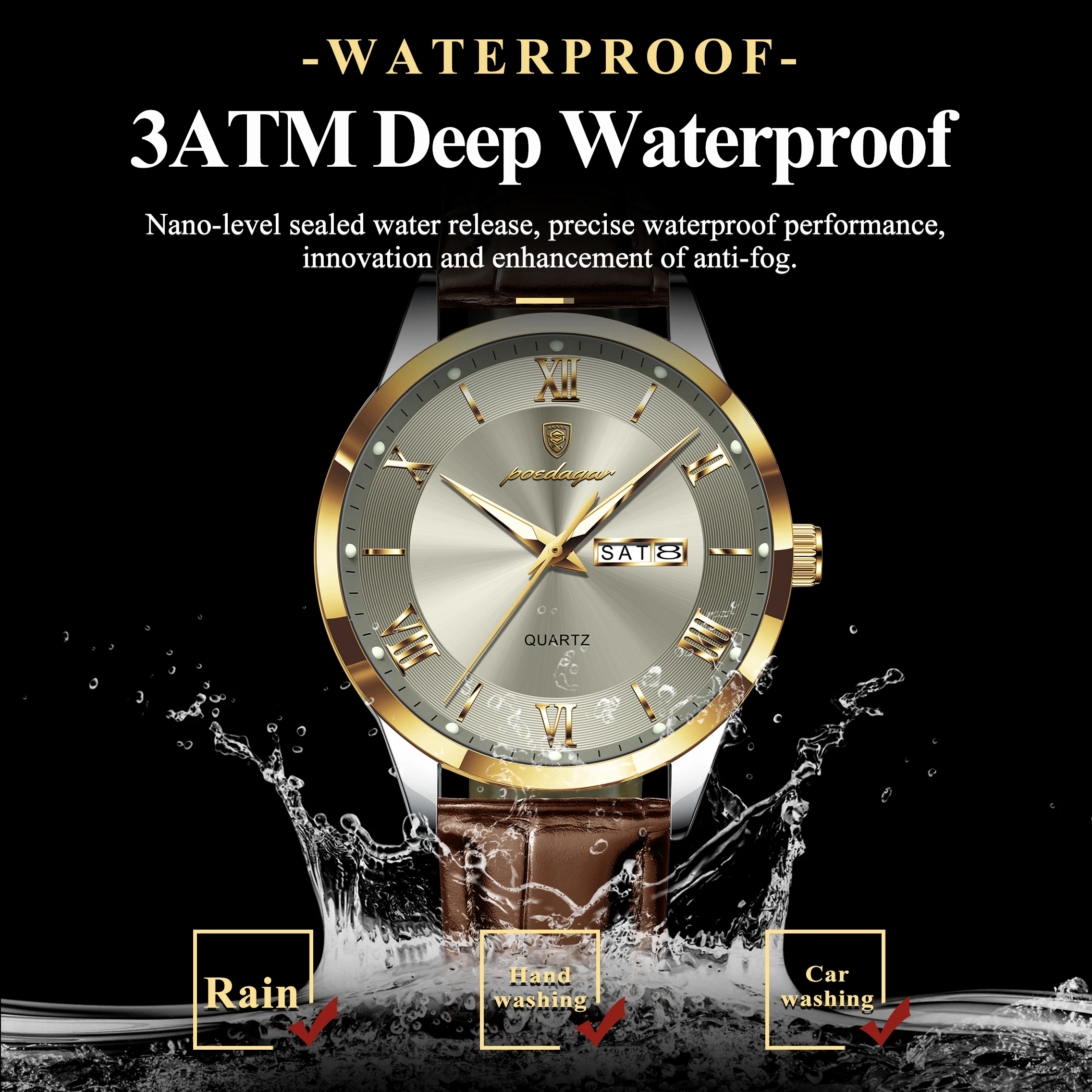 Reloj POEDAGAR Original de moda para hombre, Reloj de cuero con fecha y semana de cuarzo para hombre, relojes luminosos impermeables de negocios para hombre, Reloj masculino