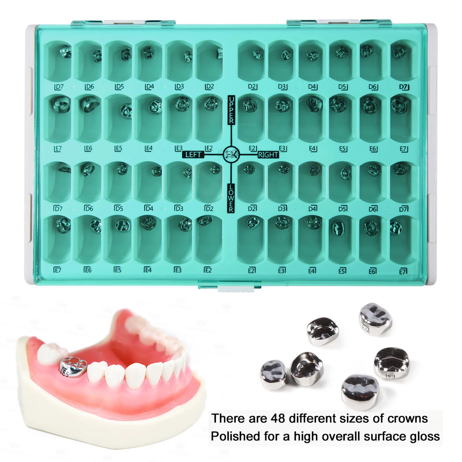 1-5 Juegos de Coronas Dentales Preformadas de Acero Inoxidable para Molares Primarios, Kit de 48 Coronas Temporales para Niños, Suministros para Dentistas Pediátricos