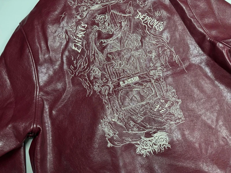 Chaqueta de cuero estampada bordada 2026ss, chaquetas de mujer informales holgadas de color Burdeos de alta calidad para hombre y mujer