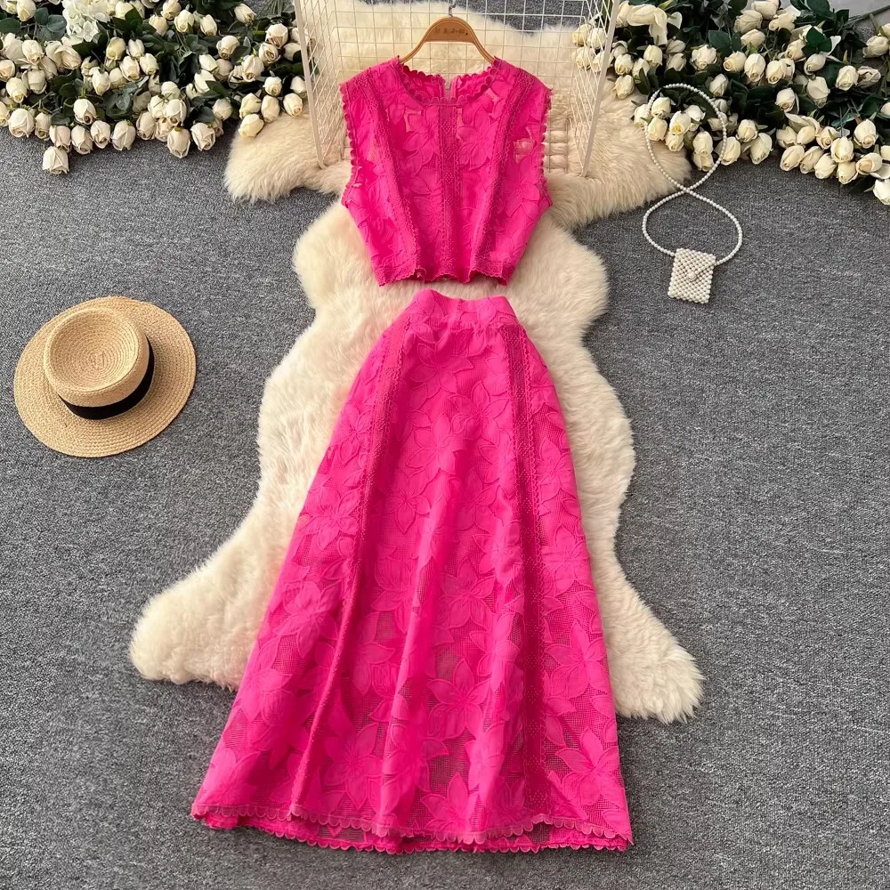 Conjuntos de dos piezas bordados para mujer, elegantes, con aberturas, de ganchillo, top corto sexy, faldas midi de línea A, trajes de 2 piezas, vestidos largos de encaje