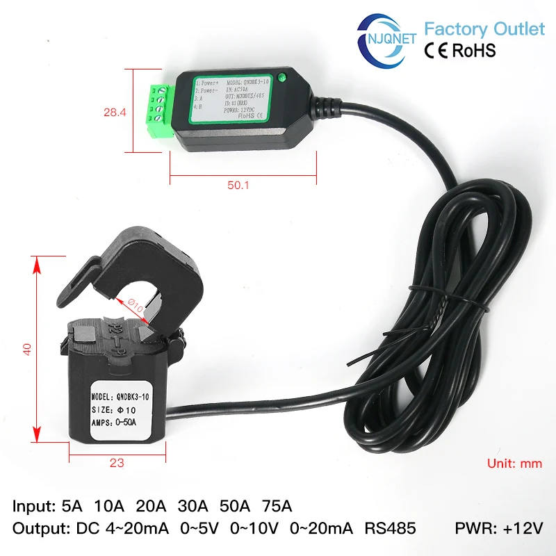 Sensor de Corriente de Núcleo Dividido QNDBK3-16 AC 150A 100A 50A 63A 20A 10A RS485 Transformador de Corriente Tipo Abierto con Pinza Modbus
