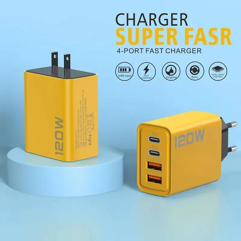 Cargador USB-C de 120W con 4 Puertos, Carga Rápida PD 3.0, Cargador de Teléfono Tipo-C, Adaptador de Carga Rápida para iPhone 17, 16, 15, Xiaomi, Samsung