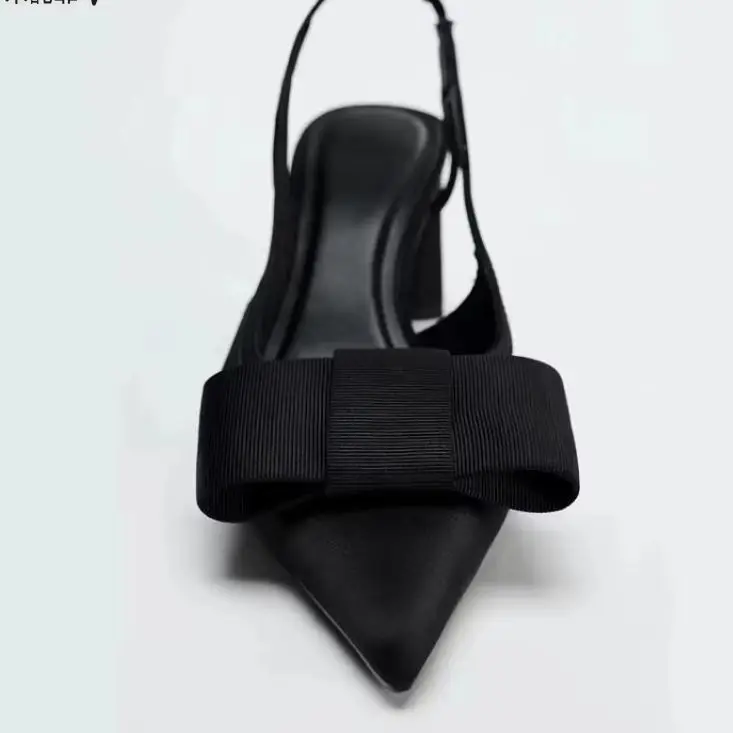 Zapatos de Verano para Mujer con Decoración de Lazo Negro, Tacones Descubiertos, Tacones Gruesos, Tacones Altos Puntiagudos, Sandalias Bajas