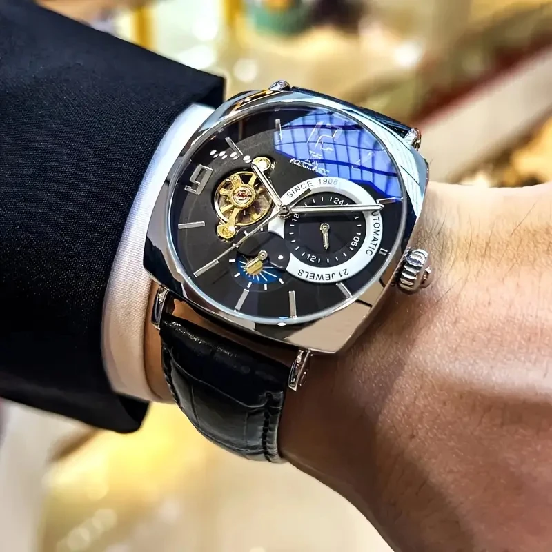 Reloj Mecánico para Hombre, Estilo Retro |   Elegante, esfera de esqueleto, diseño hueco, caja de aleación, correa de cuero sintético |   Ropa de Negocios y Casual, No Requiere Baterías