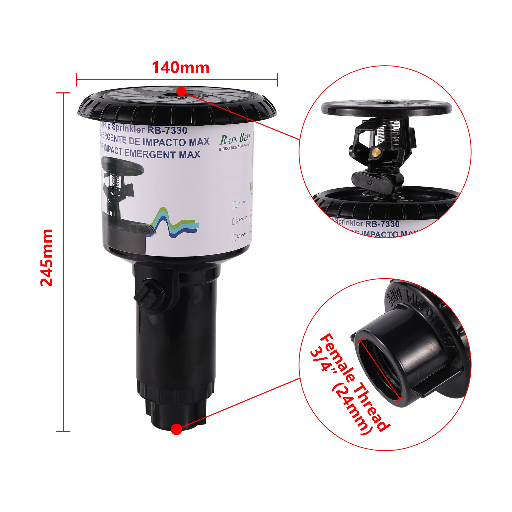 Cabezal de aspersor de impacto emergente de pulso de 1/2 "y 3/4", balancín ajustable, aspersor enterrado giratorio, riego automático plano para tierras de cultivo