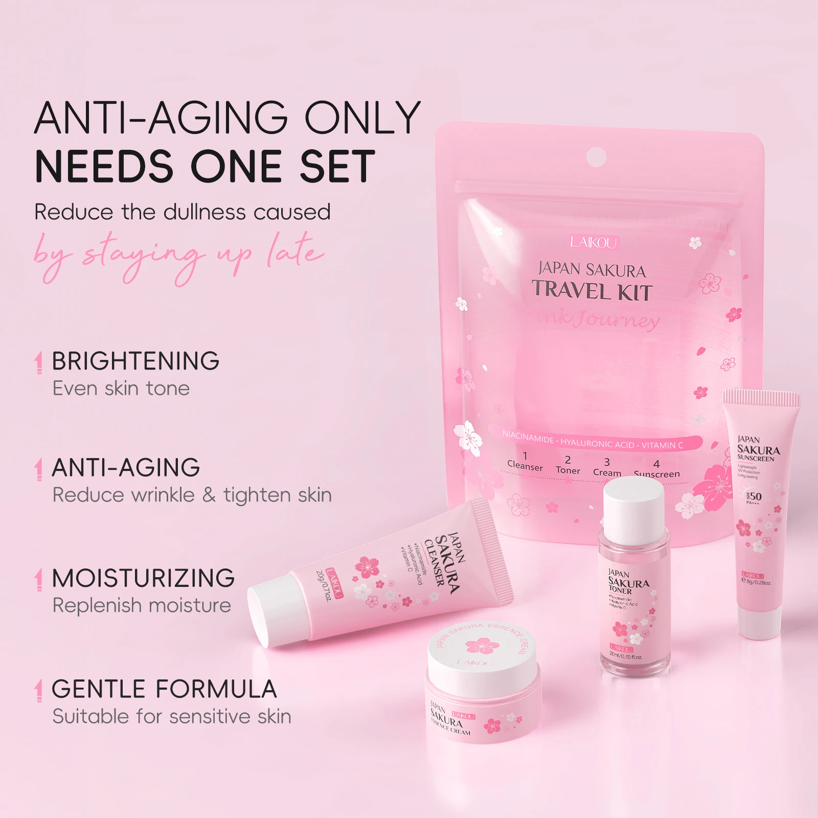 Set Completo de Cuidado Facial LAIKOU Japan Sakura: Limpiador, Tónico, Sérum, Crema, Crema para Ojos, Protector Solar, Kit de Viaje