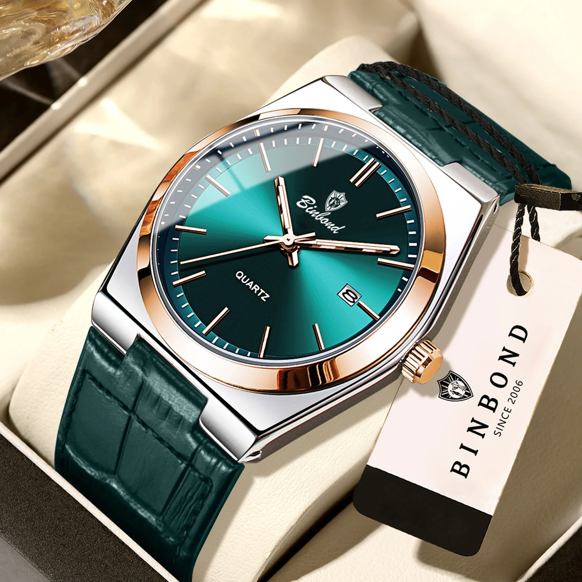 Relojes de Pulsera de Cuarzo de Lujo BINBOND, Luminosos, Resistentes al Agua, con Fecha Automática, Reloj de Hombre para Negocios, Deportes, Moda Casual, Reloj de Cuero