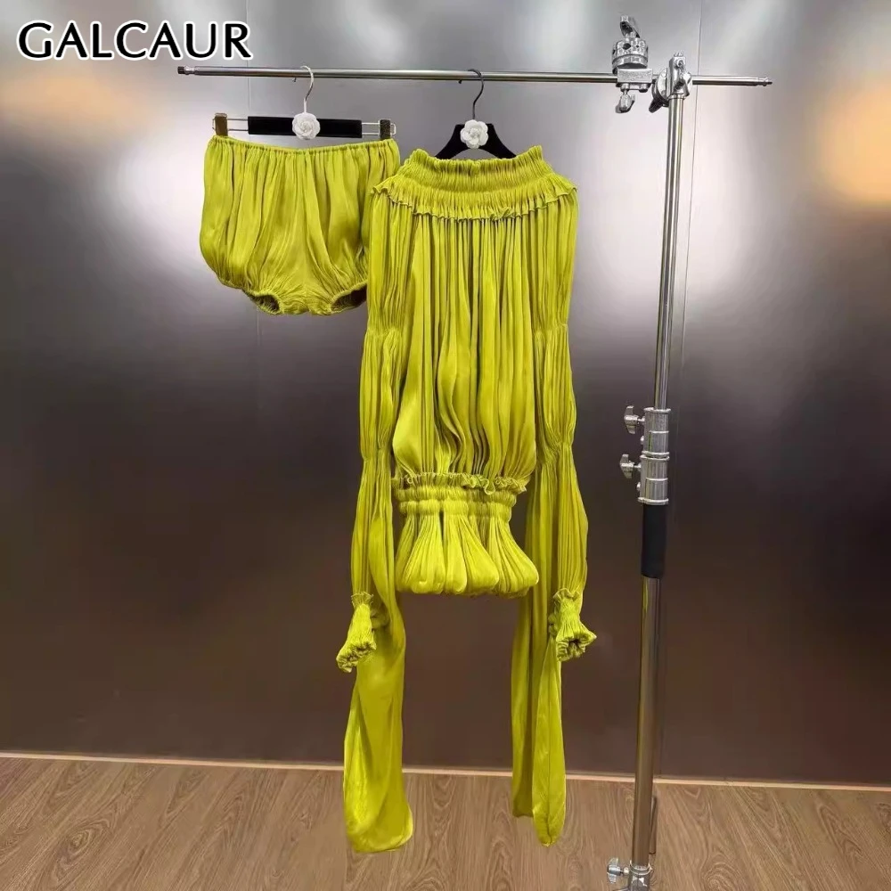 Vestido Mini GALCAUR Sólido con Pliegues y Empalmes para Mujer, Cuello Asimétrico, Mangas Largas, Diseño de Parches, Cintura Elástica, Moda Femenina