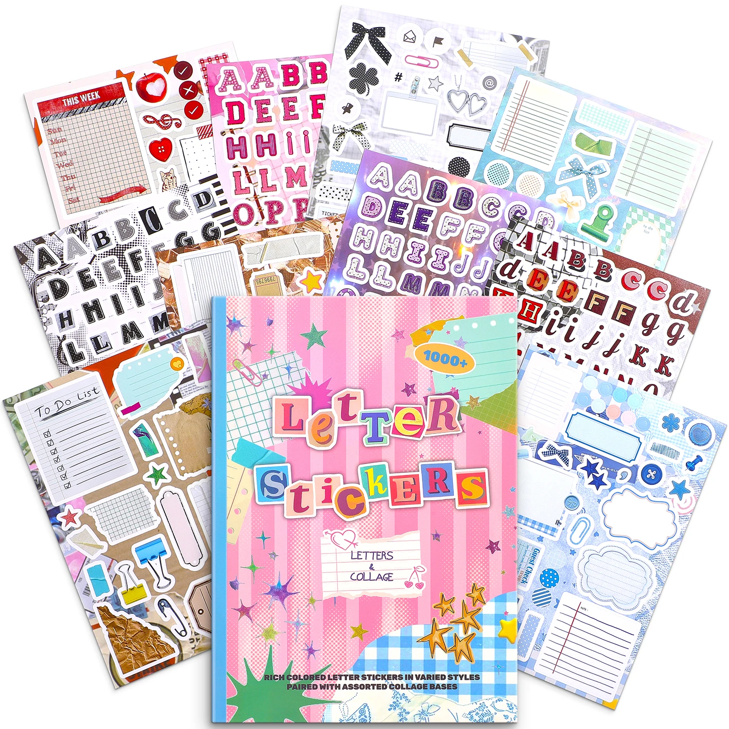 Libro de pegatinas de collage con más de 1000 piezas, pegatinas decorativas retro de letras y marcos para diario creativo y álbumes de recortes