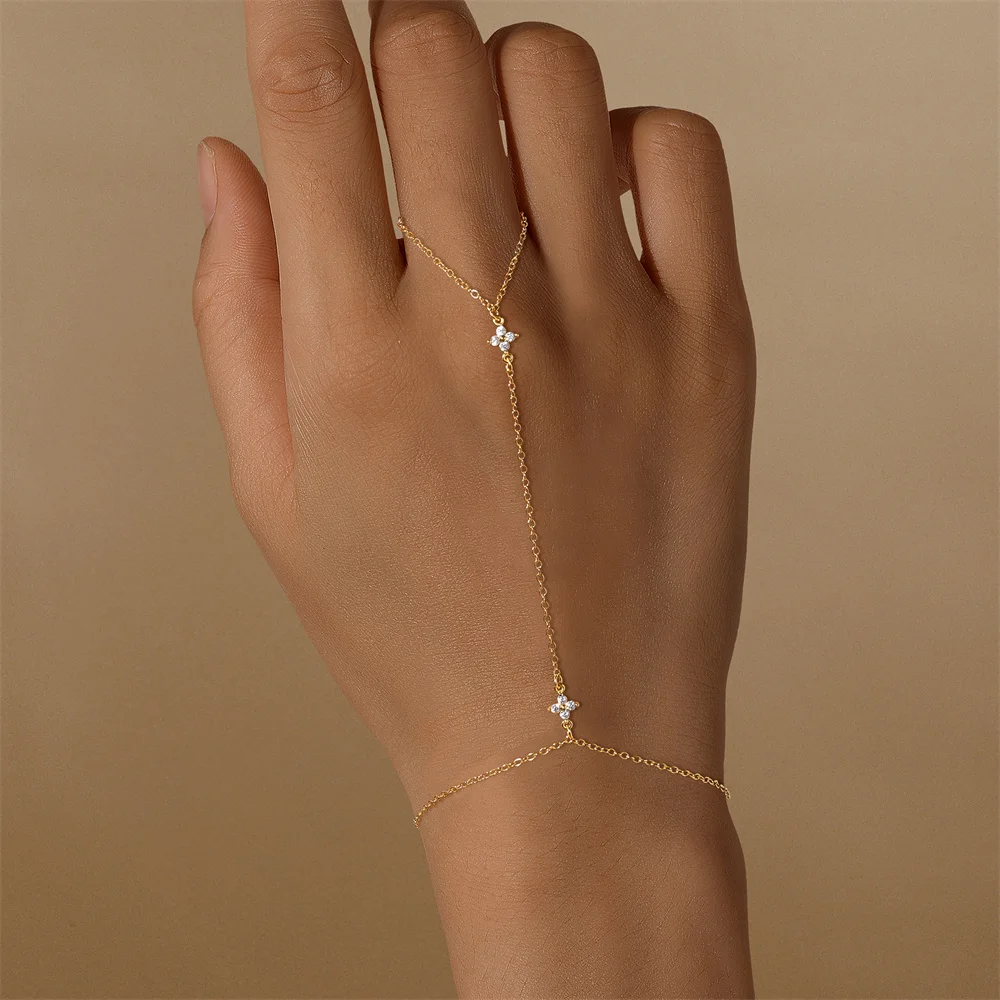 CANNER Pulsera de Cadena con Anillo de Dedo de Plata de Ley 925 con Flor y Trébol de Circonita para Mujer, Cadena de Mano Estilo Ins, Joyería Ojo de Caballo, Regalo para Fiesta