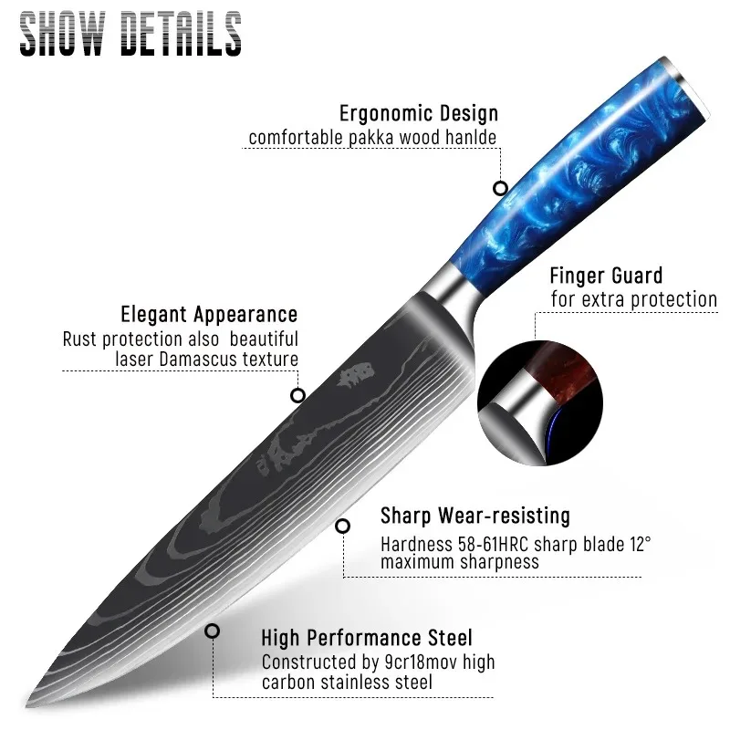 Cuchillo de Chef profesional con diseño de Damasco, cuchillo de carnicero de acero inoxidable 7CR17, cuchillos de cocina, cuchillo para cortar frutas para el hogar, 1-10 Uds.