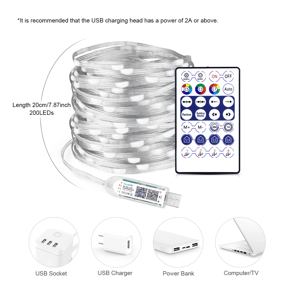 Tira de Luces LED RGBIC Inteligente, Bluetooth, USB, 20m, Impermeable, Guirnalda de Luces, para Habitación, Exterior, Jardín, Luces Decorativas, Decoración Navideña