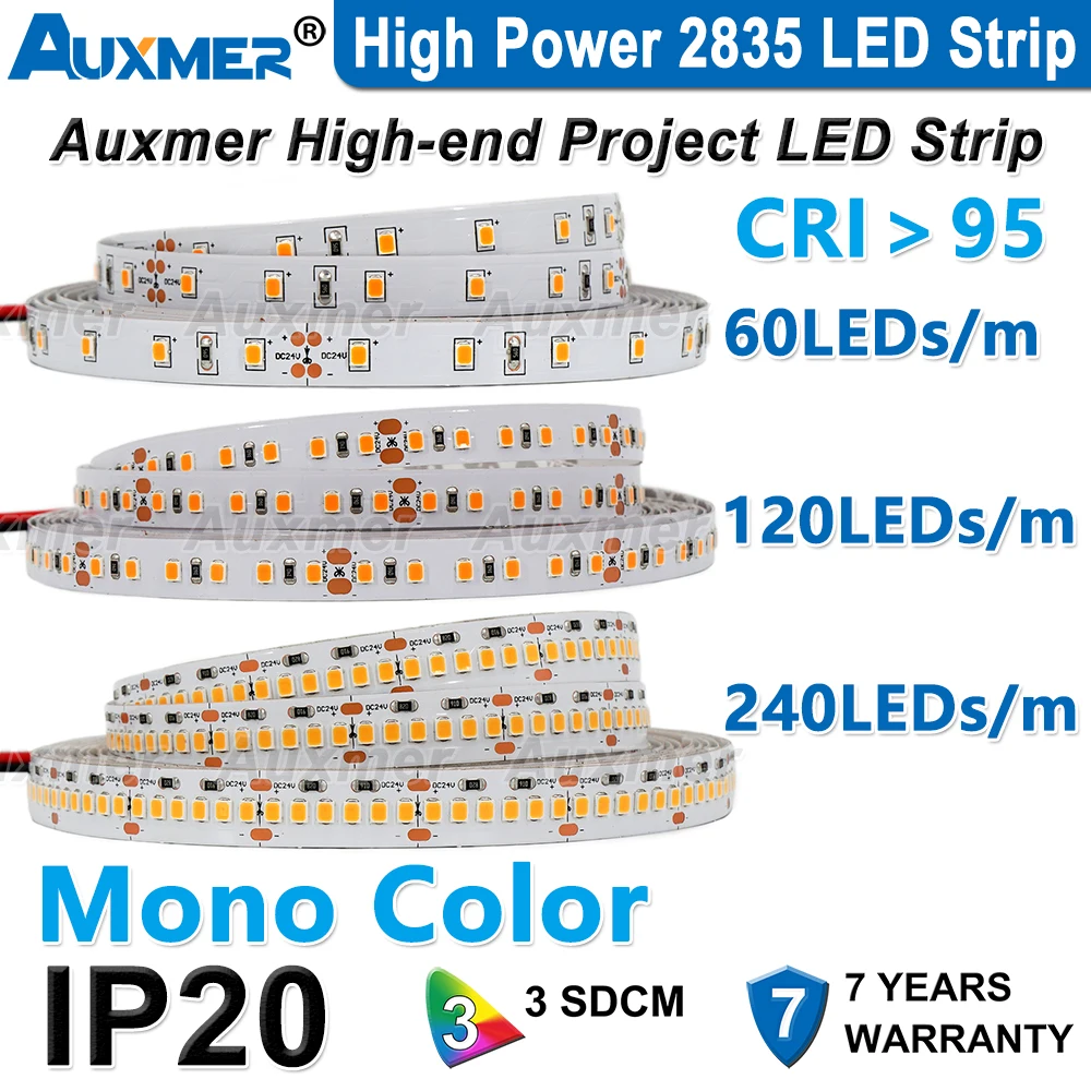 Tira de luces LED 2835 de alta potencia, mono de color, 120 LED/m 240 LED/m, CRI>95/90,3SDCM, LED flexible súper brillante DC12/24 V, 5 m/carrete, IP20