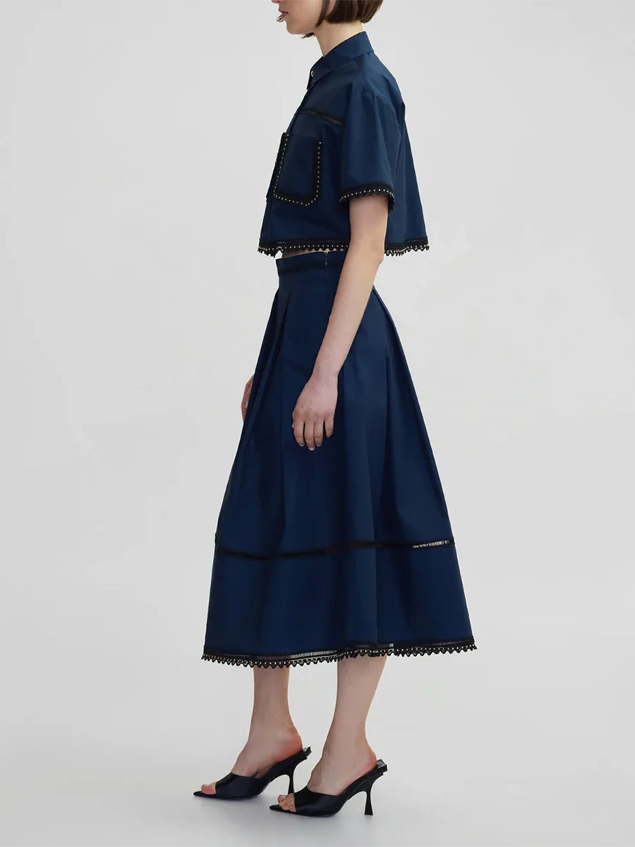 TWOTWINSTYLE, conjuntos lisos de dos piezas para mujer, Tops de manga corta con solapa, falda acampanada de cintura alta, conjuntos adelgazantes, estilo de moda femenina