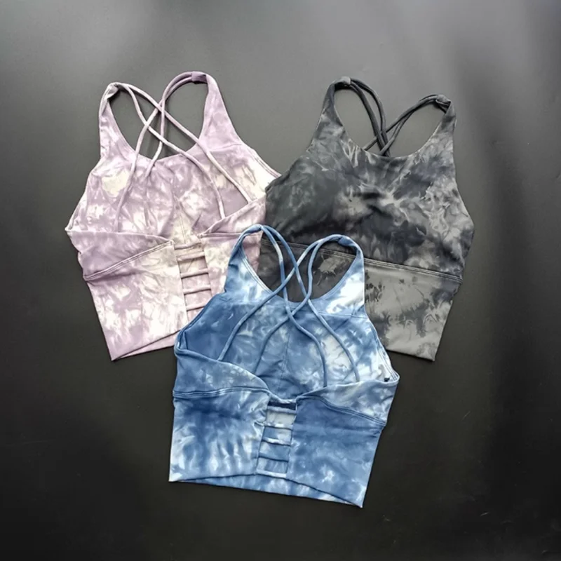 Ropa interior deportiva tie-dye para mujer, a prueba de golpes, amortiguadora, chaleco deportivo con espalda estilizada, sujetador con efecto push-up, traje de fitness, traje de yoga.