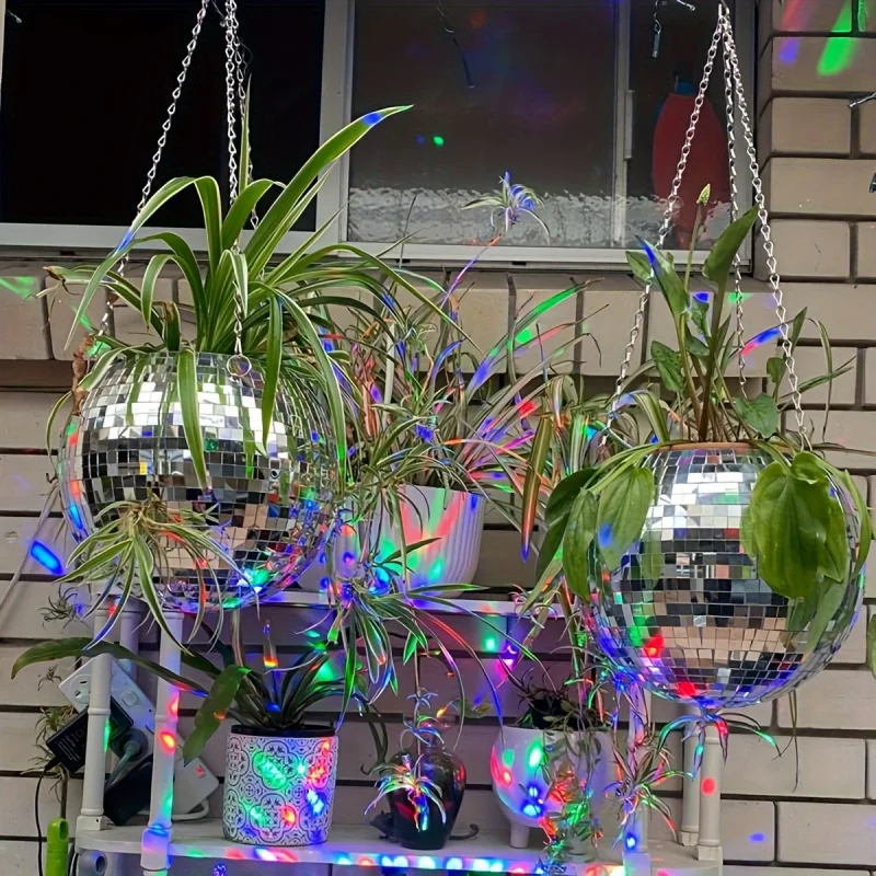 Macetero de bolas de espejo de discoteca colgante de inspiración bohemia, único, hecho a mano, autorriego, ahorro de espacio, decoración elegante para el hogar, 1 ud.