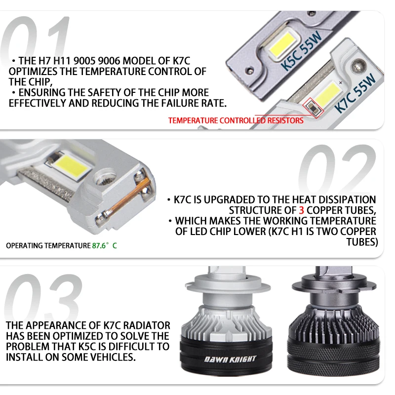 DAWNKNIGHT K7C 4300K H7 H4 H11 lámpara Led 3 luces Led de tubo de cobre para coche H1 HB3 9005 HB4 9006 12V bombilla de faro Led