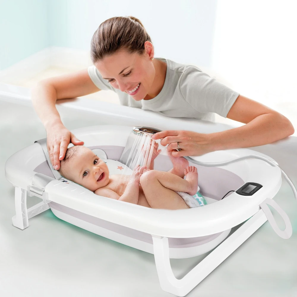 Bañera plegable para bebé con alfombrilla de baño, bañera para bebé con termómetro integrado, bañera portátil para bebés de 0 a 36 meses