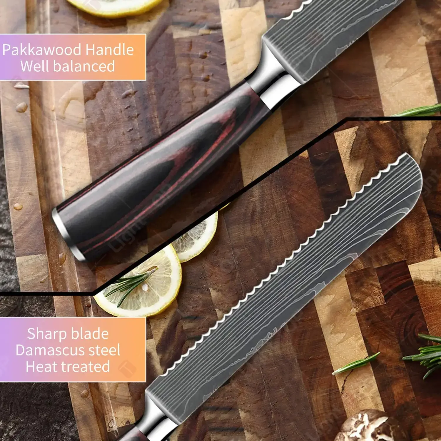 Cuchillo de cocina para pan de 8 pulgadas, cuchillo para cortar pan y queso, cuchillos láser de Damasco con mango de madera, cuchillos de cocina profesionales