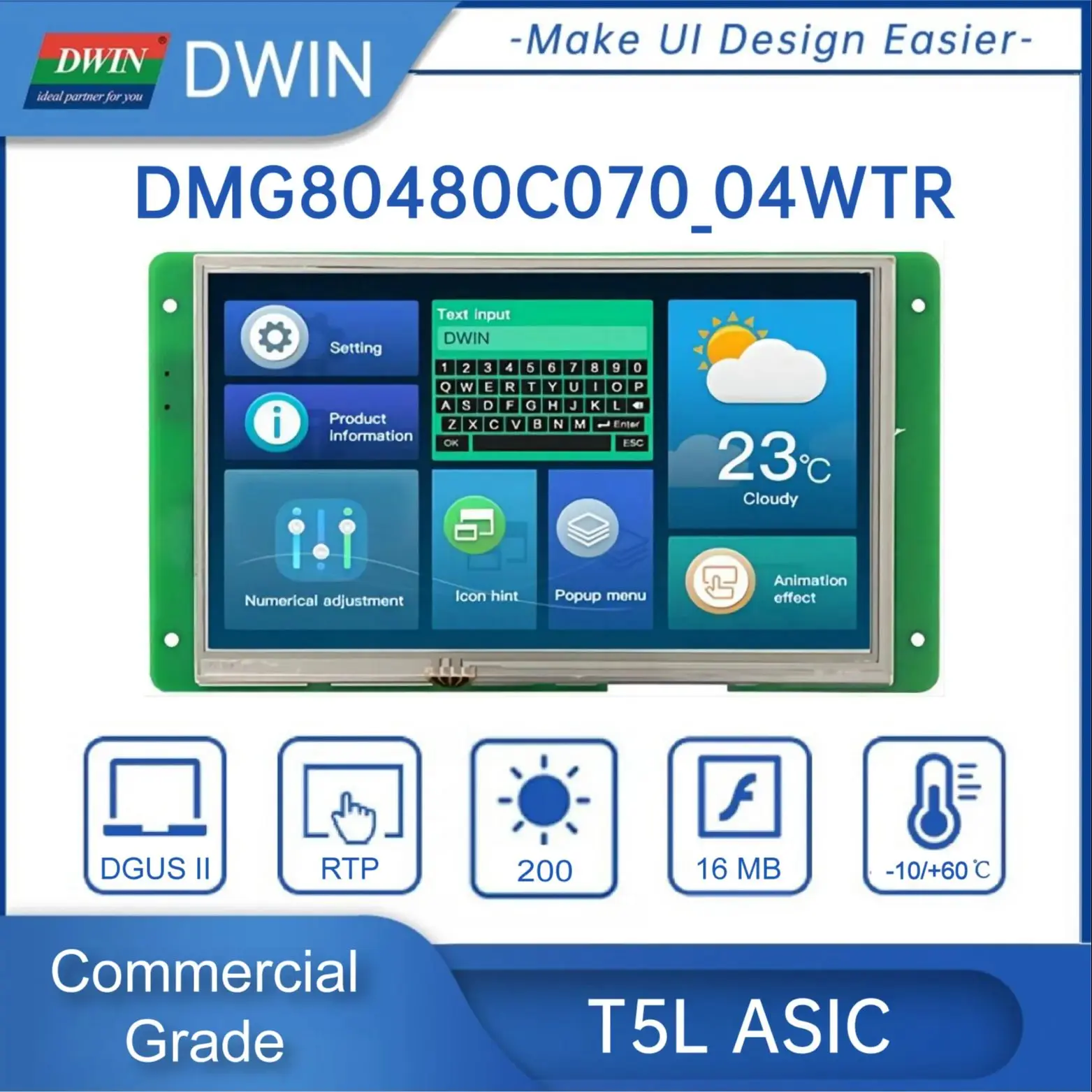 DWIN 7 pulgadas módulo LCD 800*480 RS232/TTL HMI pantalla de Panel táctil comercial pantalla inteligente UART TFT DMG80480C070-04W