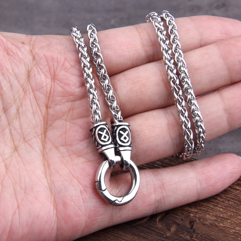 Collar con Colgante de Runa Vikinga Nórdica con Cierre Redondo Abierto, Cadena de Acero Inoxidable con Caja de Madera