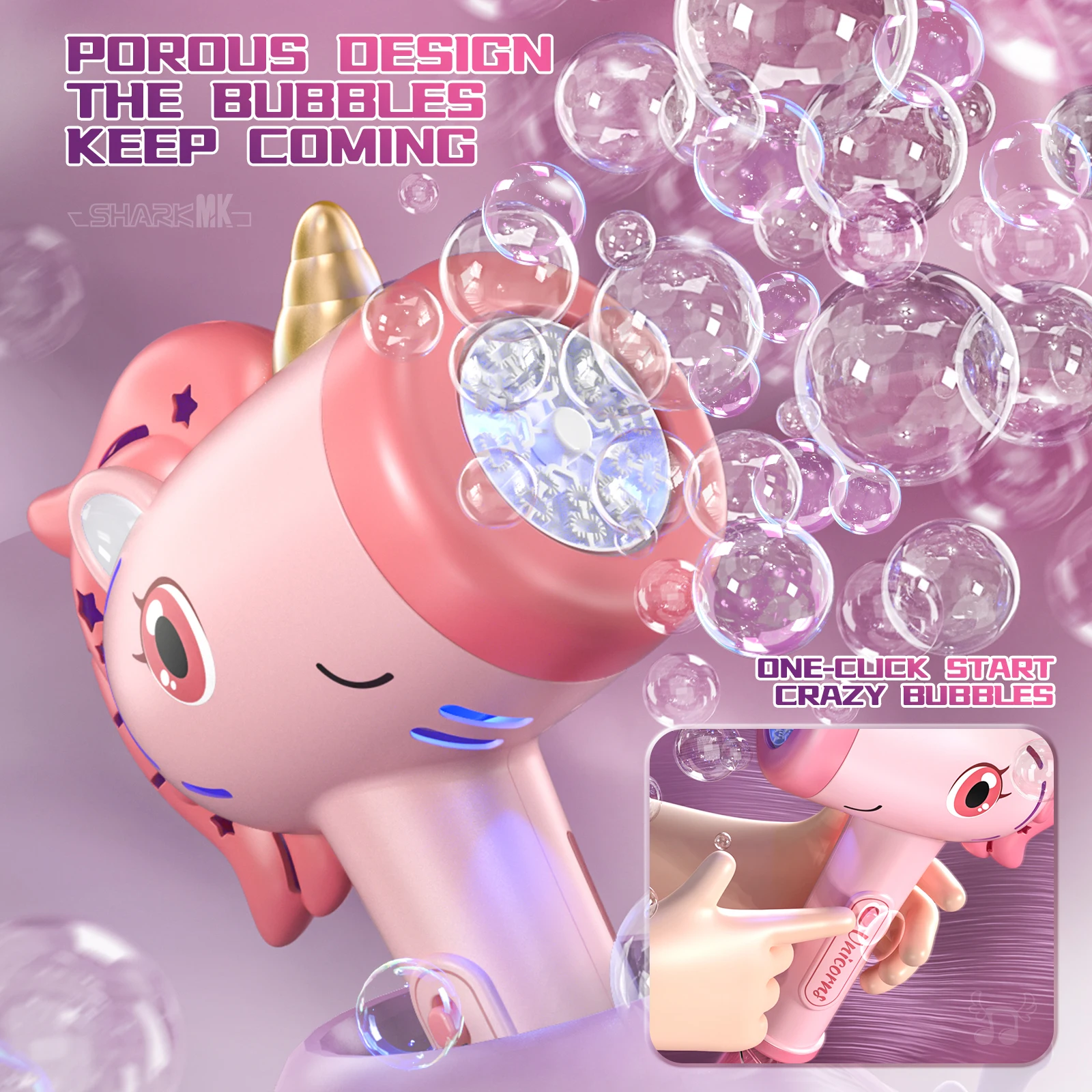 Máquina automática de burbujas con forma de unicornio, luces LED de fantasía, juguete para hacer burbujas al aire libre, para niños a partir de 3 años. Incluye solución para burbujas.