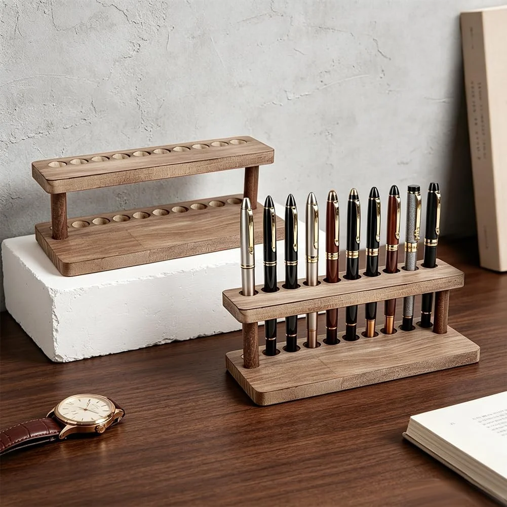 Expositor de Madera para 10 Bolígrafos, Color Marrón Coco, Organizador Vertical de Escritorio de Madera Maciza con Acabado de Madera Dura, Soporte para Bolígrafos de Tinta