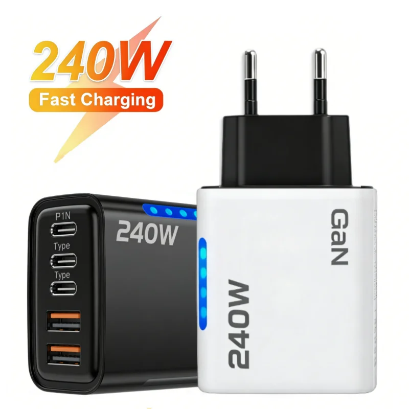Cargador USB C GaN de 240W, 5 en 1, adaptador de corriente de carga rápida para iPhone, Samsung, Xiaomi, tipo C, enchufe europeo/estadounidense, cargador de pared