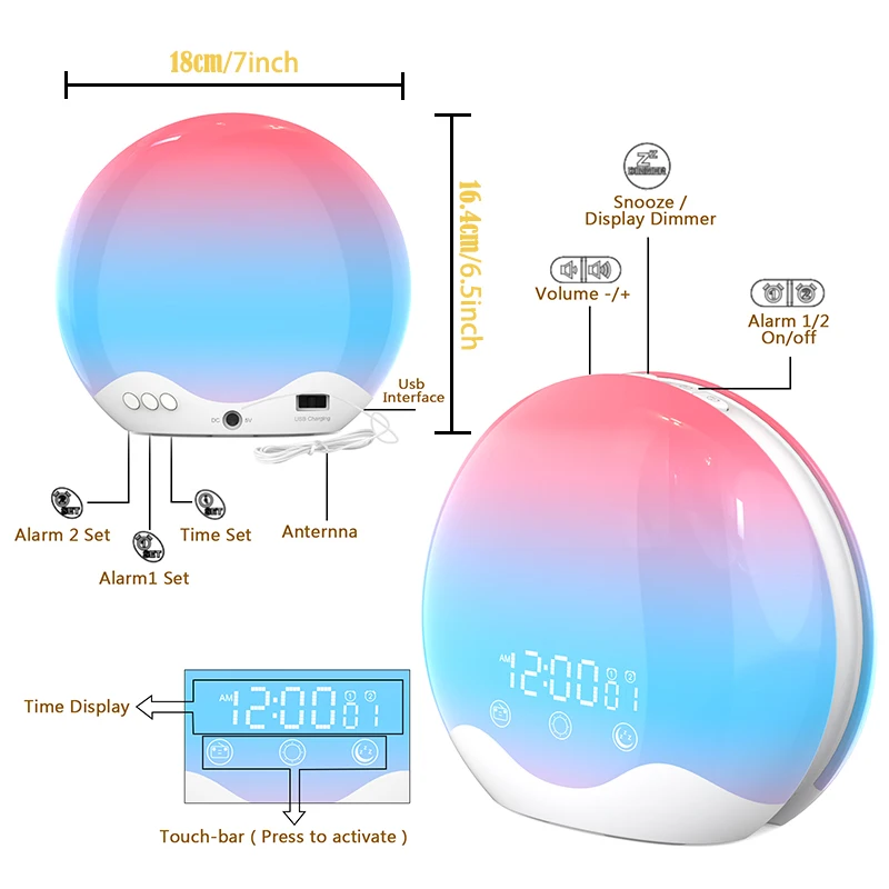 Reloj despertador Sunrise con luz de despertar, sonido Digital para dormir, luz nocturna, reloj de escritorio, dispositivo de ayuda para dormir, cambio de Color, regalo perfecto