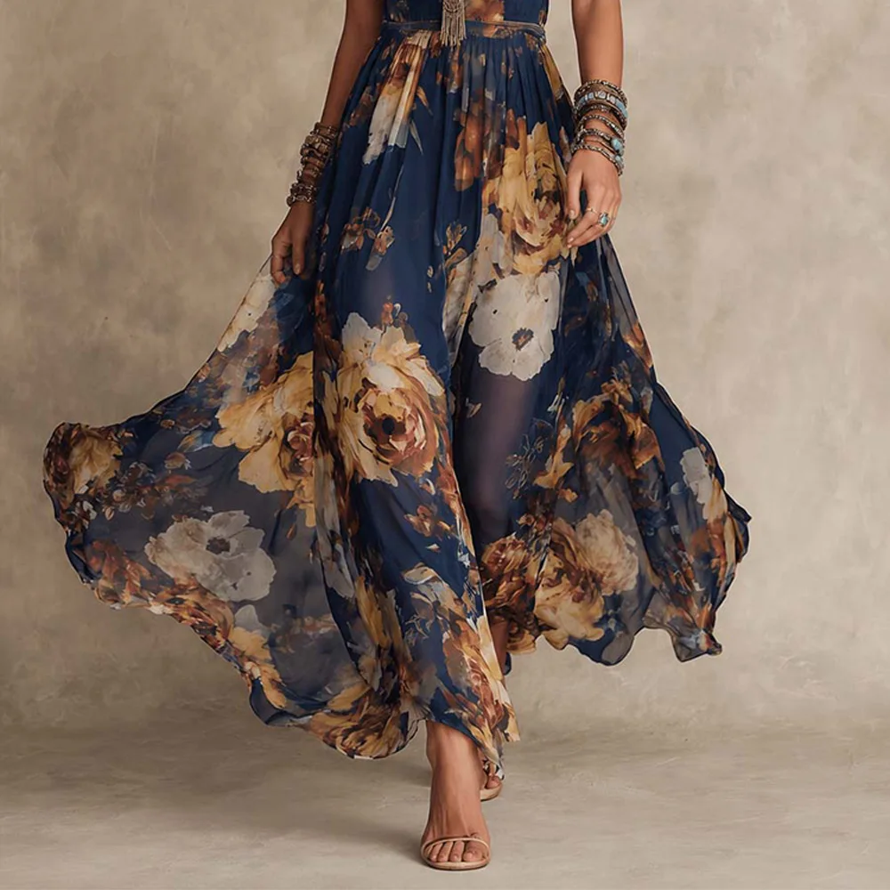 Nuevo Vestido Maxi Bohemio con Estampado Floral para Mujer, Elegante, con Tirantes Finos, Cuello en V, Sin Mangas, Cintura Ajustada, Línea A, Largo y Fluido, para Playa