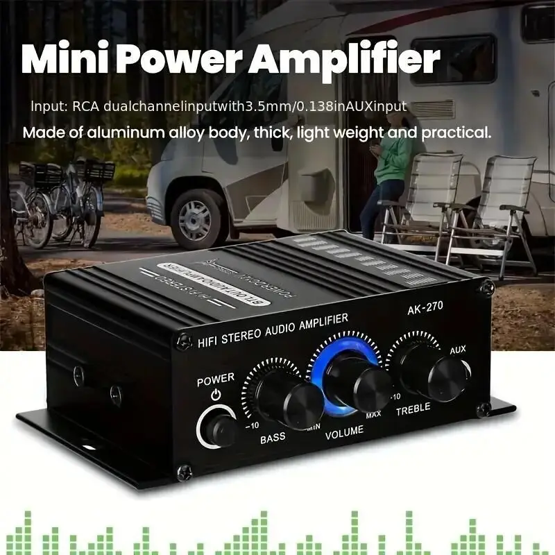 AK270 Mini Amplificador de Audio de 12V para Auto, Amplificador de Sonido Digital para Casa y Auto, Canal 2.0, Amplificador de Potencia, Compatible con Agudos y Bajos, Entrada AUX