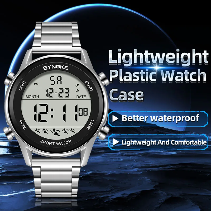 SYNOKE-reloj deportivo de lujo para hombre, cronógrafo Digital con correa de acero inoxidable, resistente al agua, con luz trasera y alarma