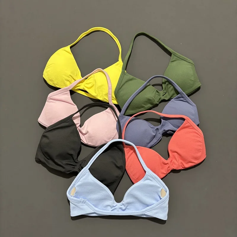 Sujetador deportivo con tiras y espalda descubierta para Yoga, sujetador de gimnasio, Push-up, copas extraíbles, ropa de entrenamiento para mujer, Top de gimnasio, sujetadores deportivos con cuello Halter