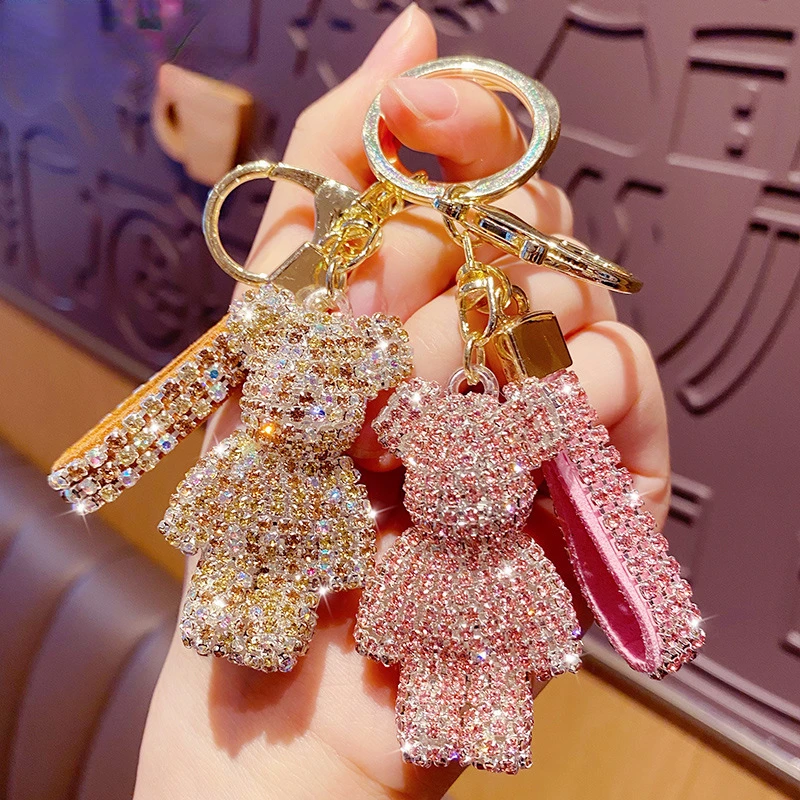 Lindo llavero de oso con borlas de diamantes de imitación, llavero de pareja, decoración para niña, colgante pequeño, llavero de coche, colgante para bolso de estudiante