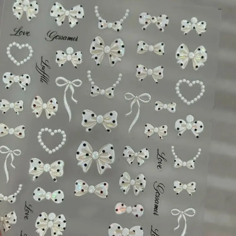 Adornos de Uñas 5D con Perlas Blancas, Lazo Francés con Puntos, Corazón de Perlas y Cadena de Perlas, Adhesivos Autoadhesivos para Decoración de Manicura para Mujeres