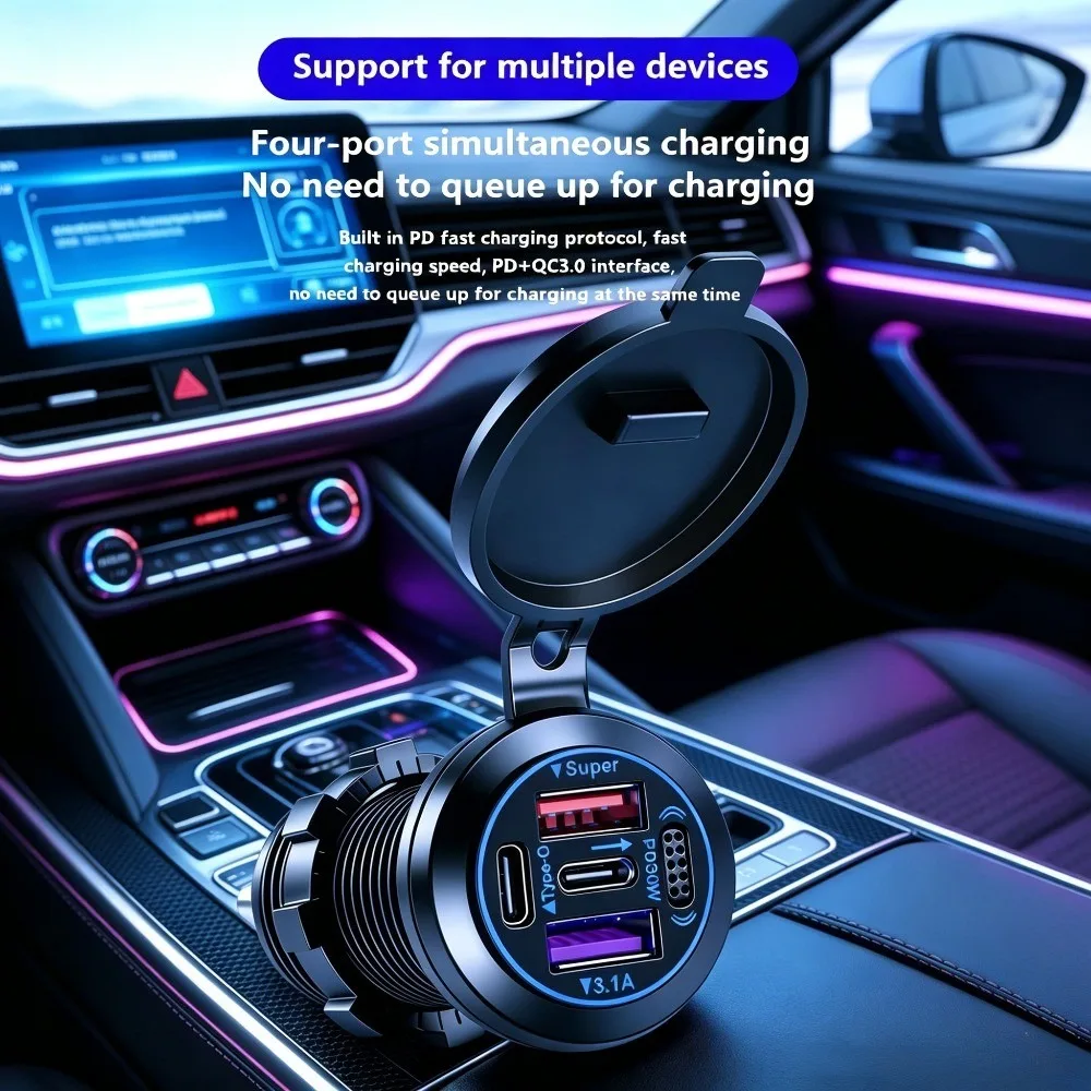 NUEVO Cargador de Coche Integrado de 12V-24V, PD30W QC3.0, 4 Puertos USB C de Carga Rápida, Toma de Corriente Impermeable para Motocicleta, RV, Camión