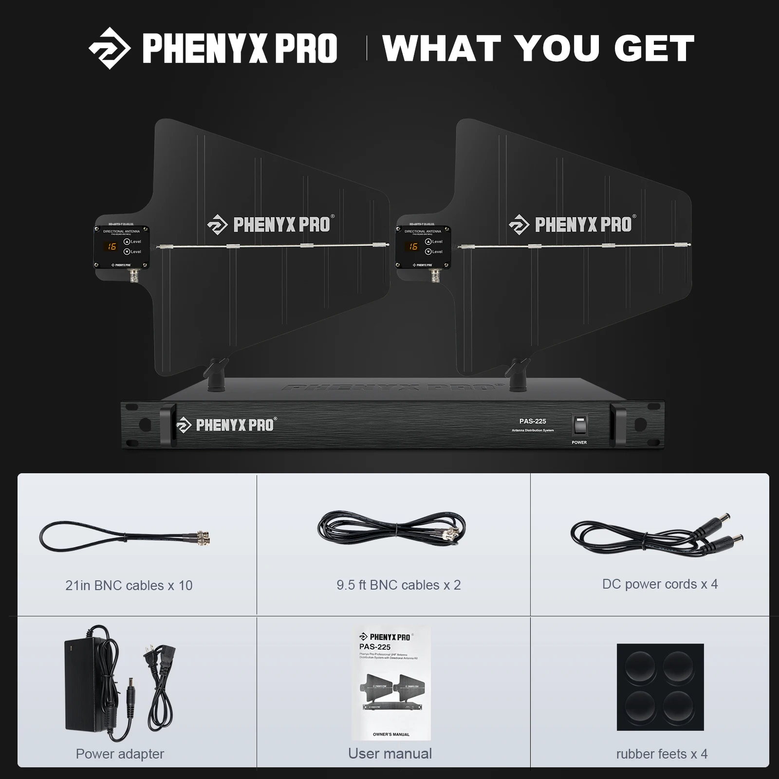 Paquete de sistema de distribución de antena inalámbrica Phenyx Pro UHF, antenas direccionales activas, 8 salidas + 2 puertos en cascada PAS-225X