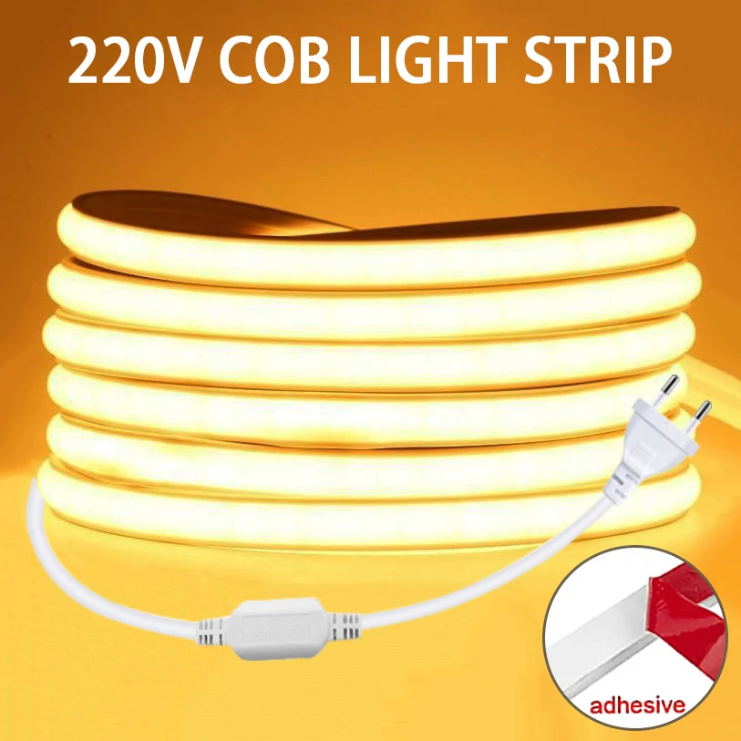 Tira de LED COB de Alta Luminosidad de 220v, Adhesiva y Flexible, para Iluminación del Hogar y la Cocina
