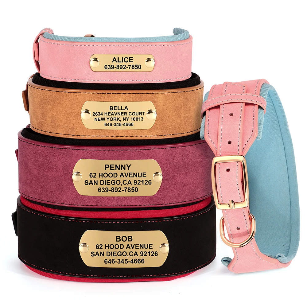 Collar de cuero personalizado para perro, collares acolchados anchos y suaves para perros medianos y grandes con placa de identificación grabada gratis, accesorios para perros
